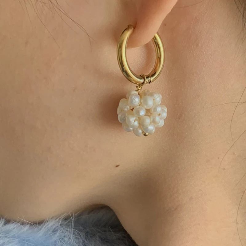 

ZJ Street Style Handmade Weaved Tiny Natural Freshwater Pearls Cluster French Elegant Hoop Earring Women Stainless Steel Jewelry