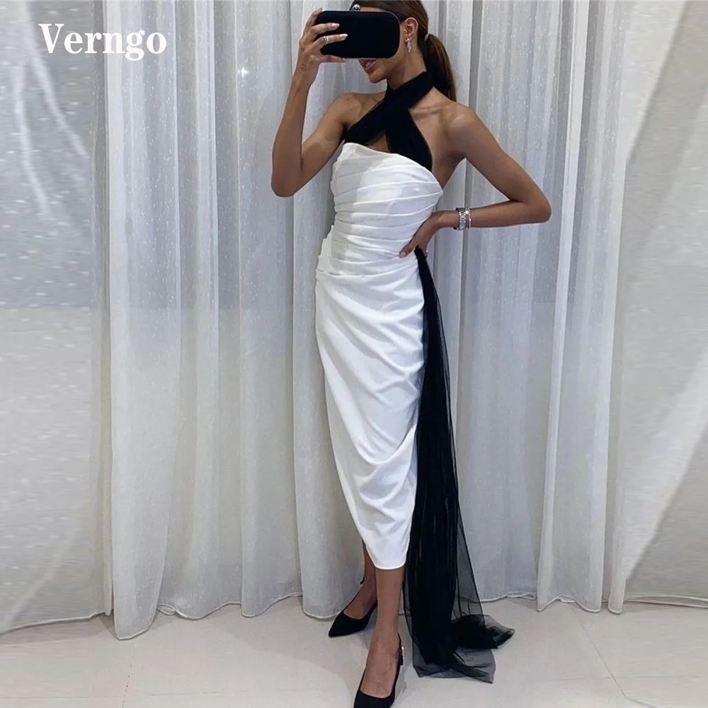 

Verngo Classic White And Black Satin Evening Dresses Halter Pleats Tulle Mid Length Formal Party Dress Women Simple Prom Gown