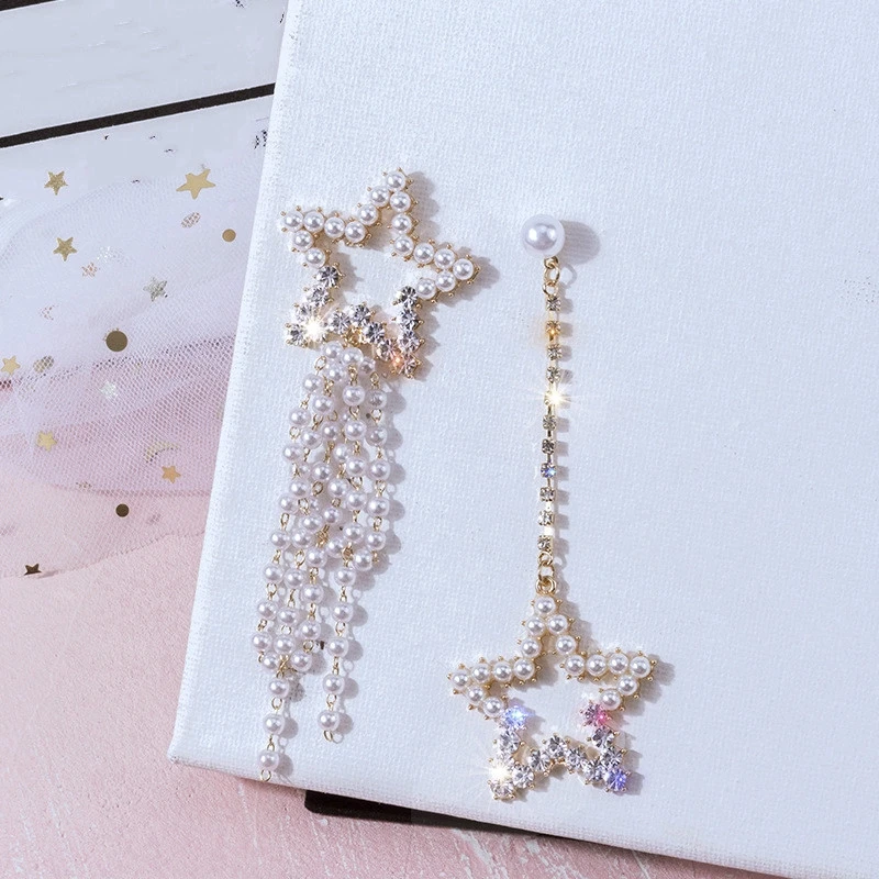 Модные Асимметричные жемчужные длинные серьги-кисточки со звездой
