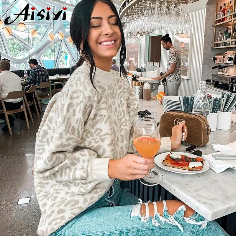 Knitwear Leopard Sweater Female Autumn Plus Size Batwing Sleeve Oversize Loose Thick Warm Women Winter Knitting Pullover | Женская