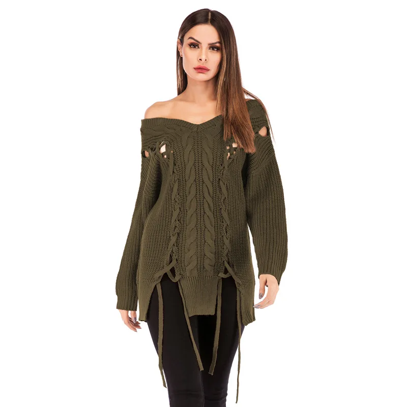 

Donsignet Women's Sweater New Fashion V-neck Pullover Solid Color Sexy Loose Large Size Knitted Long Sleeves Sweater Women