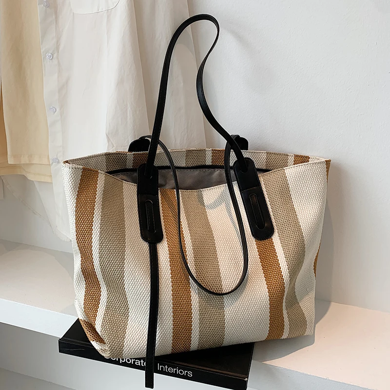 

Luxury Stripe Designer High Capacity Handbag for Women 2021 Fashion Brand Designer Shopper Canvas Tote Shoulder Bag
