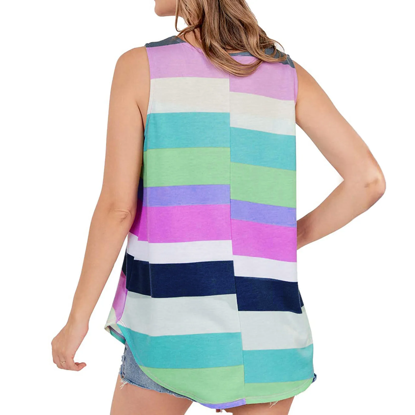 

40# Stripe Print Sleeveless Women Blouse Elegant Tank Loose Round-neck Female Shirt 2021 Cotton Women's Blouse