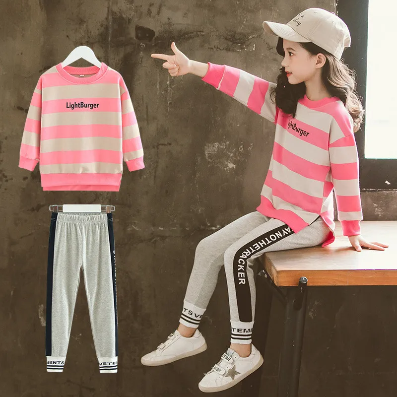 

Children 's Hoody Clothing Set New 2020 Spring/Autumn Girls Active 2 Patchwork Colors Size4-14 Kids Clothes Sets 2 piece