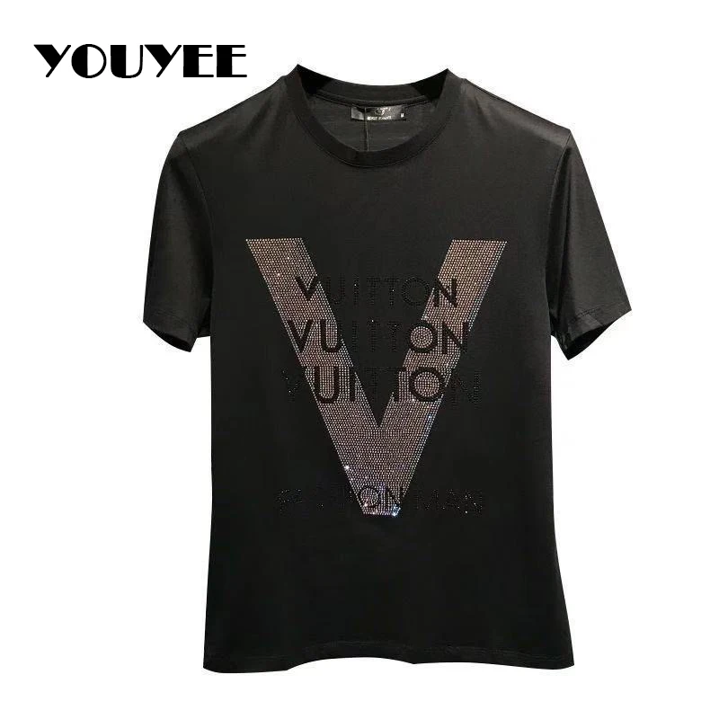 

Men's Mercerized Cotton Short Sleeve T-shirt, high quality top, V-shaped pattern, Rhinestone, street style, fashion, 20201