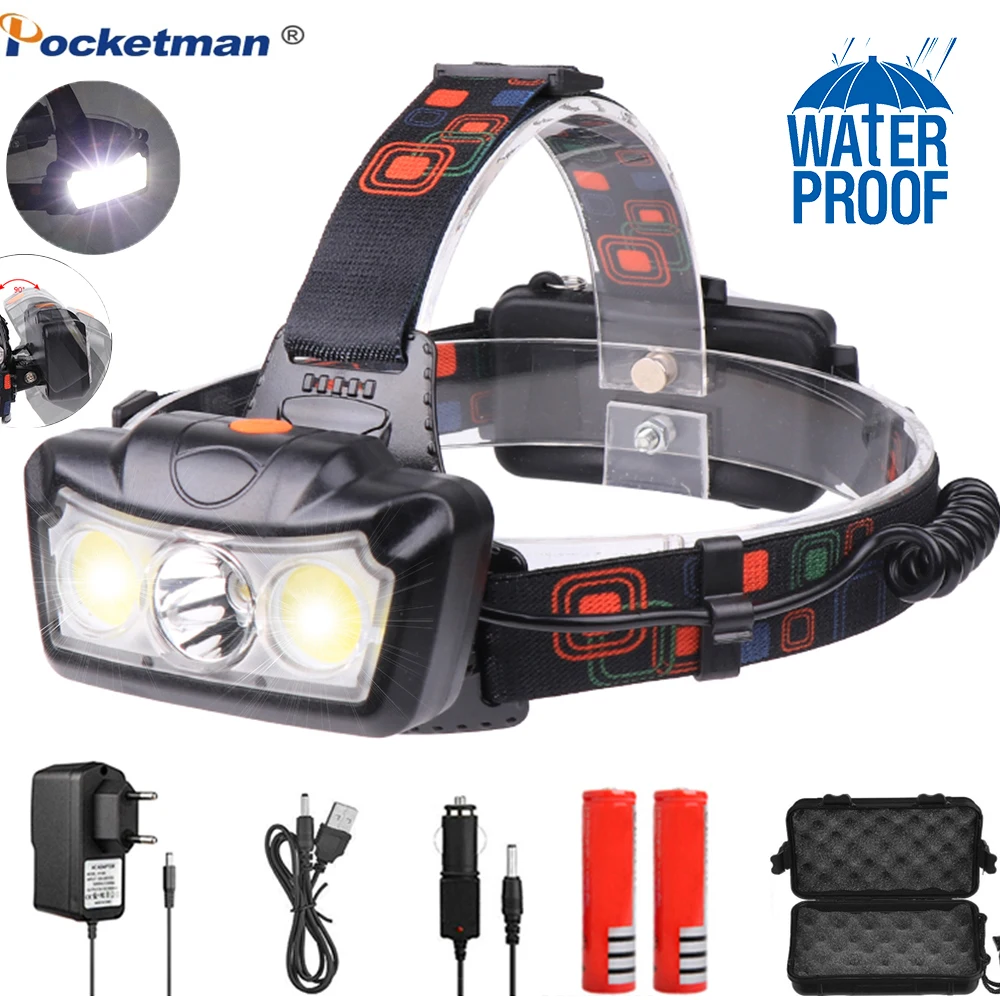 

LED Headlamp T6+COB LED Headlight Head Lamp Flashlight Torch Lanterna head light Use 2*18650 battery for Camping