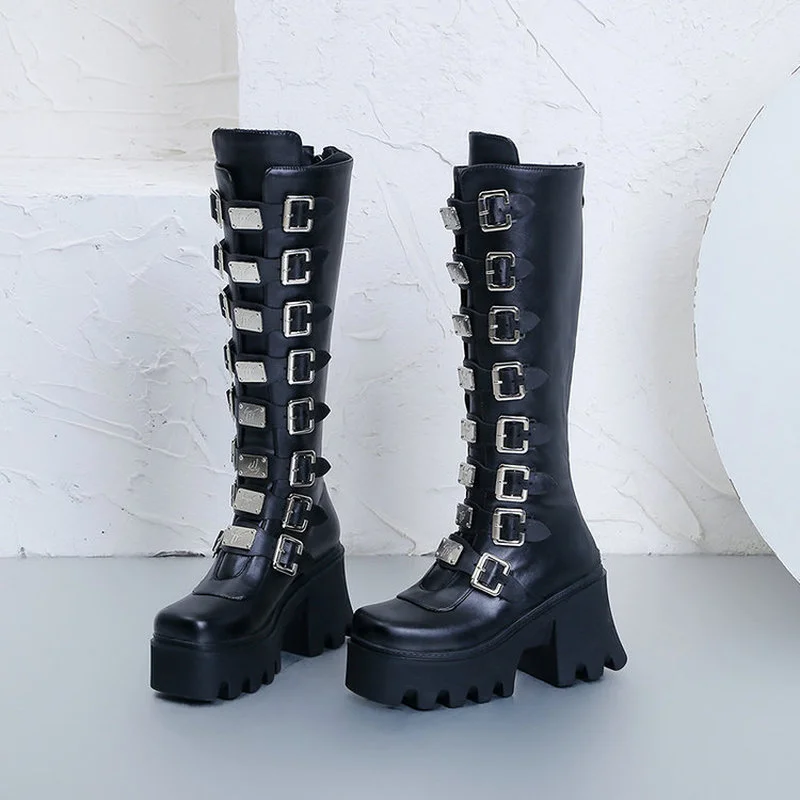 

Women's High Boots Autumn and WinterNew Cool Punk Motorcycle Boots Women's Thick-soled Slope with High Heels Boots Women's Shoes