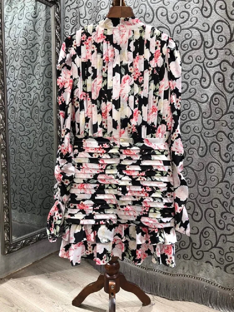 

Beautiful Dress 2021 Spring Summer Style Women Stand Neck Charming Flower Print Long Sleeve Pleated Ruffle Sexy Club Dress Mini
