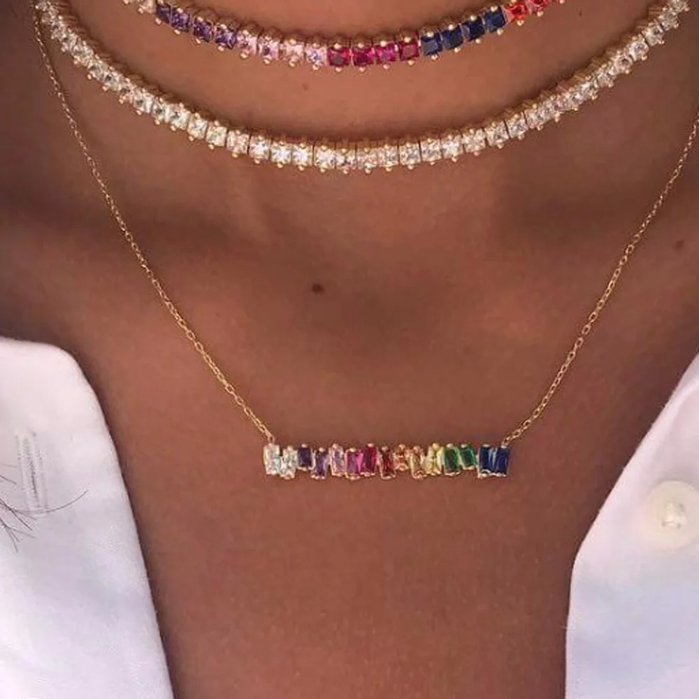 

Wonder women choker rainbow bar baguetee cz Clavicle thin stick Pendant & Necklace colorful stone rainbow bar necklace 2022 new
