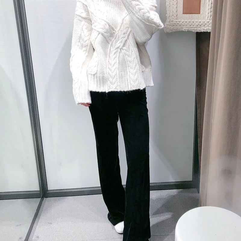 Винтажные элегантные черные бархатные прямые брюки для женщин 2019 модные офисные