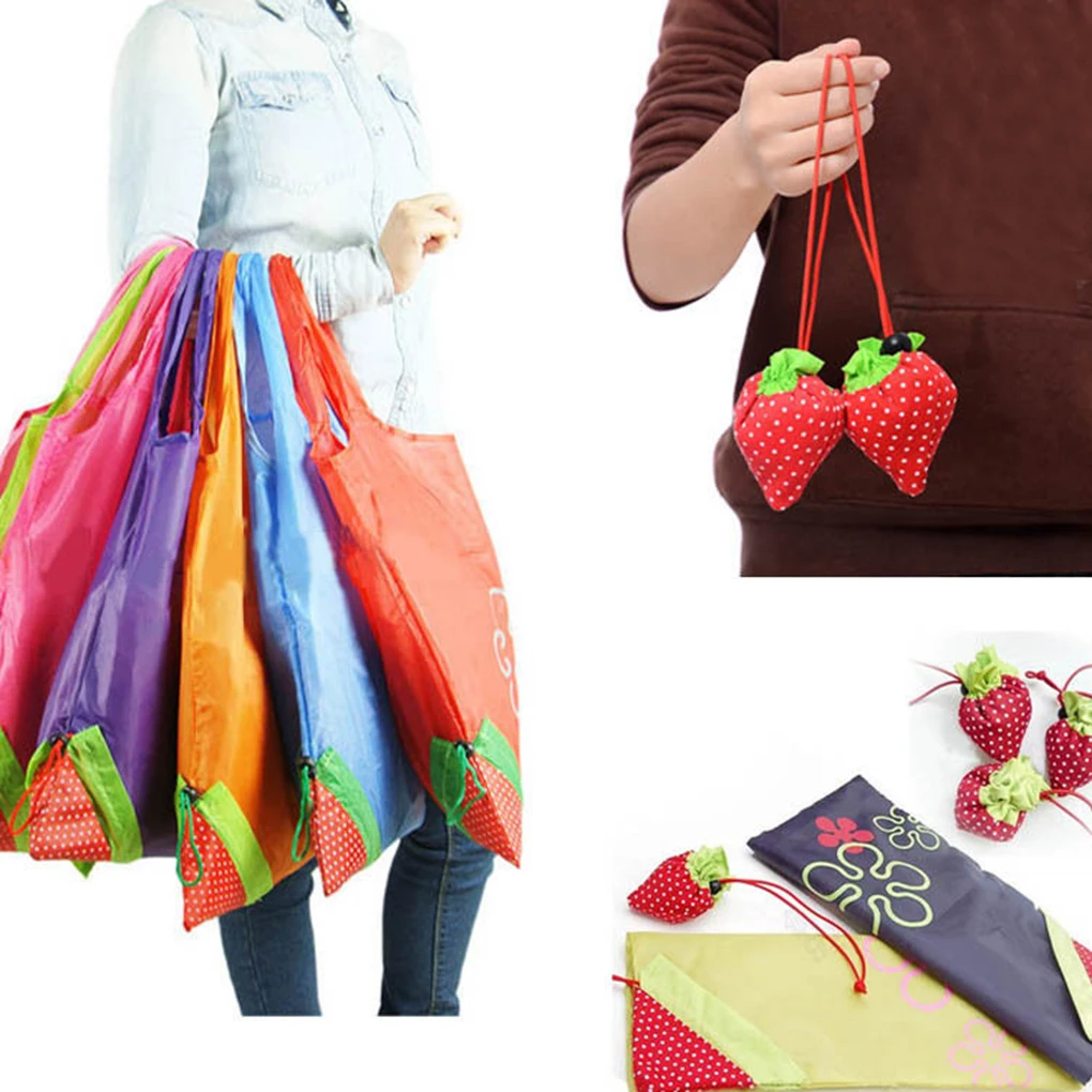 

5pcs Floral Folding Reusable Grocery Nylon Bag Large Strawberry Shopping Bag Cute Travel Tote Foldable Shopping Bag Eco-friendly