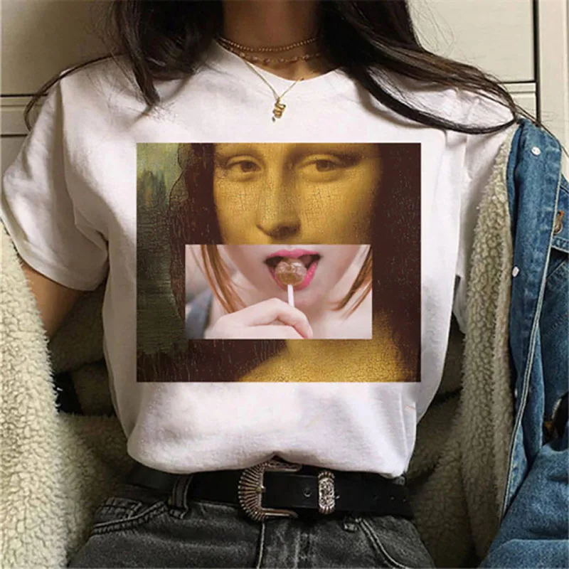 

WK Spoof Mona Lisa Mask Women T Shirt Girl Personality Fashion Harajuku Aesthetics Short Sleeve White Tops Female