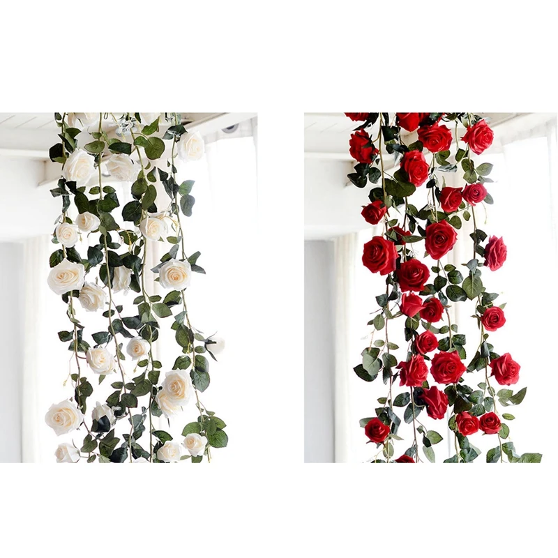 

2x 180cm Artificial Rose Flower Vine Wedding Decorative Real Press Silk Flowers with Green Leaves(White&Red)