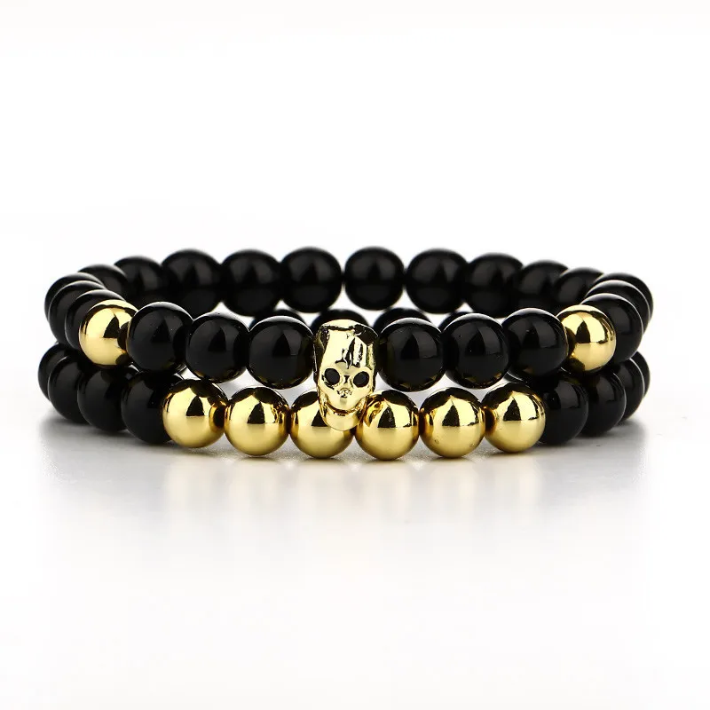 Мужской браслет с черепом Diffone гладкий обсидиановым камнем дистанционным