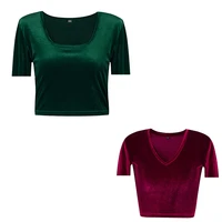 women velvet velour summer crop top t shirts gym homewear sports running