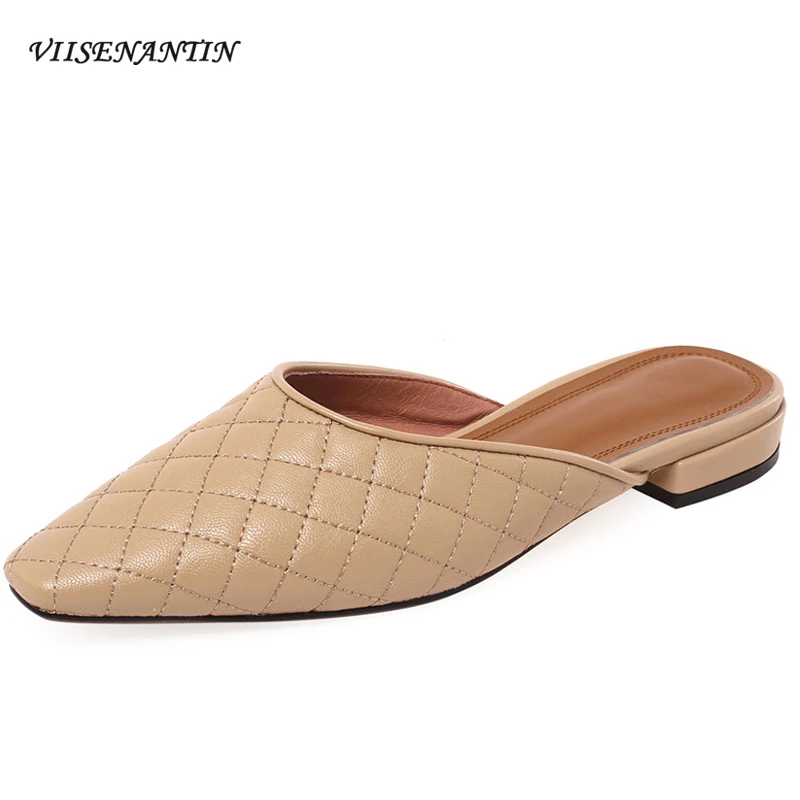 

2021 new summer fashion and comfortable leather diamond lattice flat-heeled Muller lazy sandals and slippers women