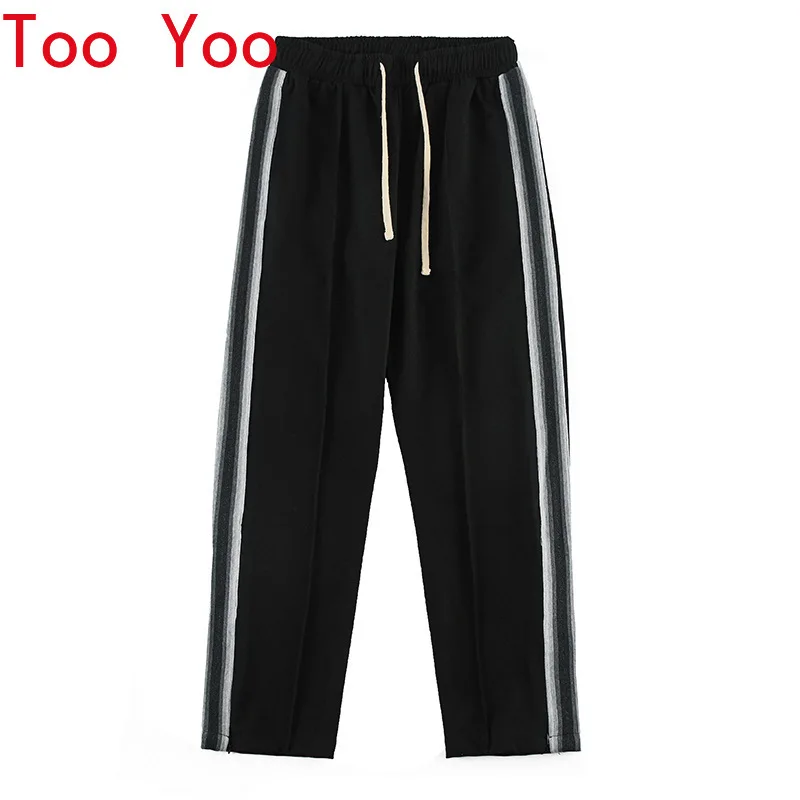 

Men's casual stripe straight trousers loose patchwork sport trousers Men's fashion zippered wide-leg trousers Men's trousers