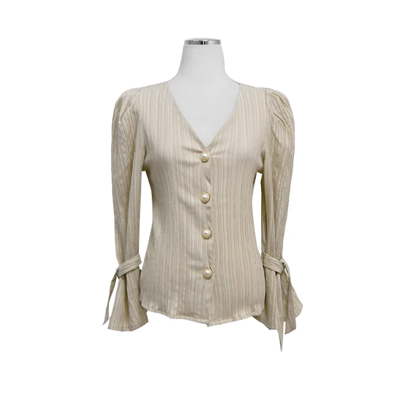 

New Korean fashion Women blouse Autumn Spring V-neck Flared sleeve Casual shirt Bow tie Button Female Tops Blusa