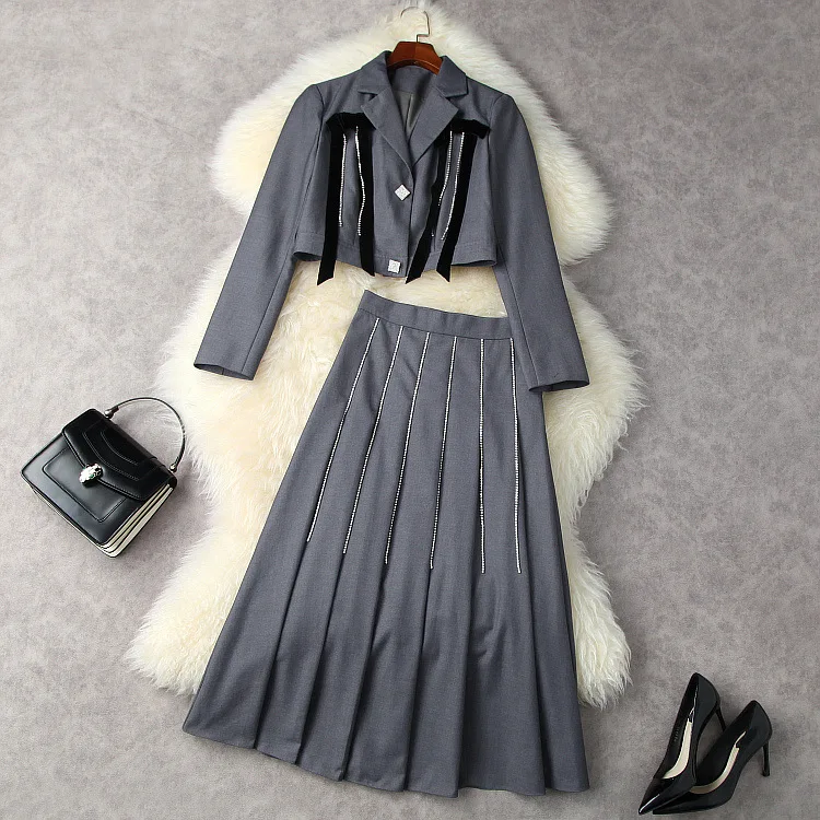 

European and American women's autumn 2021 new Single-breasted jacket with long sleeves Beaded pleated skirt Fashion suits