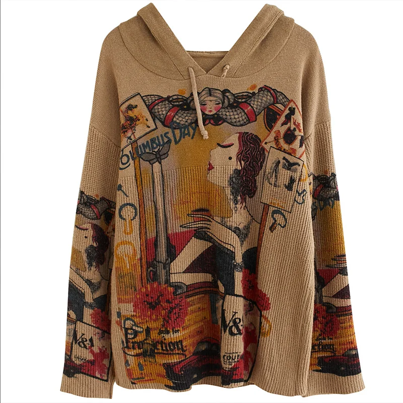 

SOUL OF TIGER Korean Fashion Style Clothes Winter Womens Loose Vintage Sweater Ladies Casual Printed Hooded Pullover Plus Size