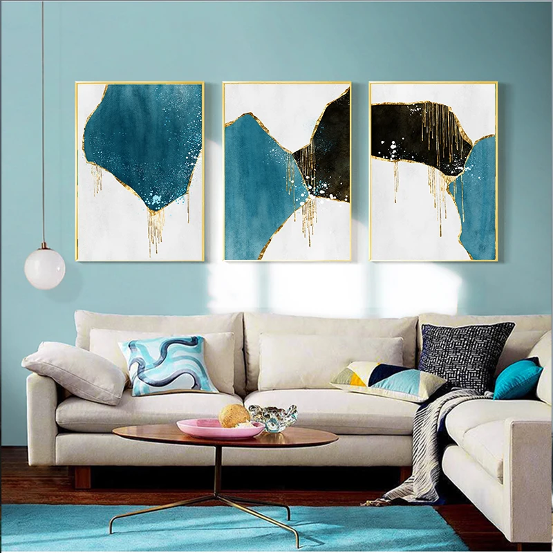 Абстрактная черная синяя Мраморная Золотая фольга холст живопись плакаты принты