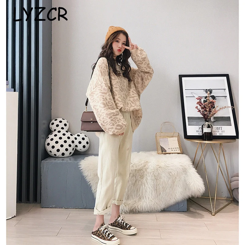 Зимний пуловер женский свитер с леопардовой раскраской Вязаный Свитер оверсайз