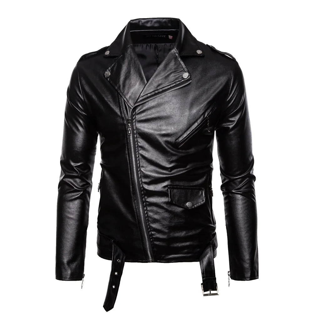 

PU Leather Jackets Slim Fit Motorcycle Winter Outdoor Pockets Warm Outwear Irregular Zip Coats Mens Lapel Biker Jacket Biker
