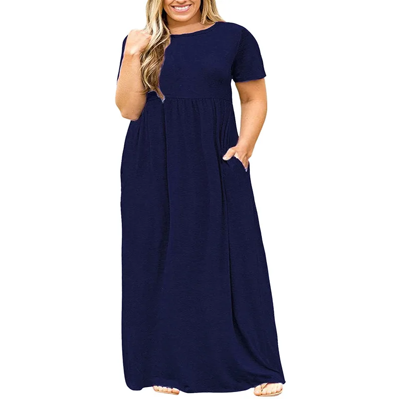 

Fall 2021 New Women's Hot-selling Women's Round Neck Short-sleeved Long Casual Dress Retro Long Skirt with Pocket Women L-5XL