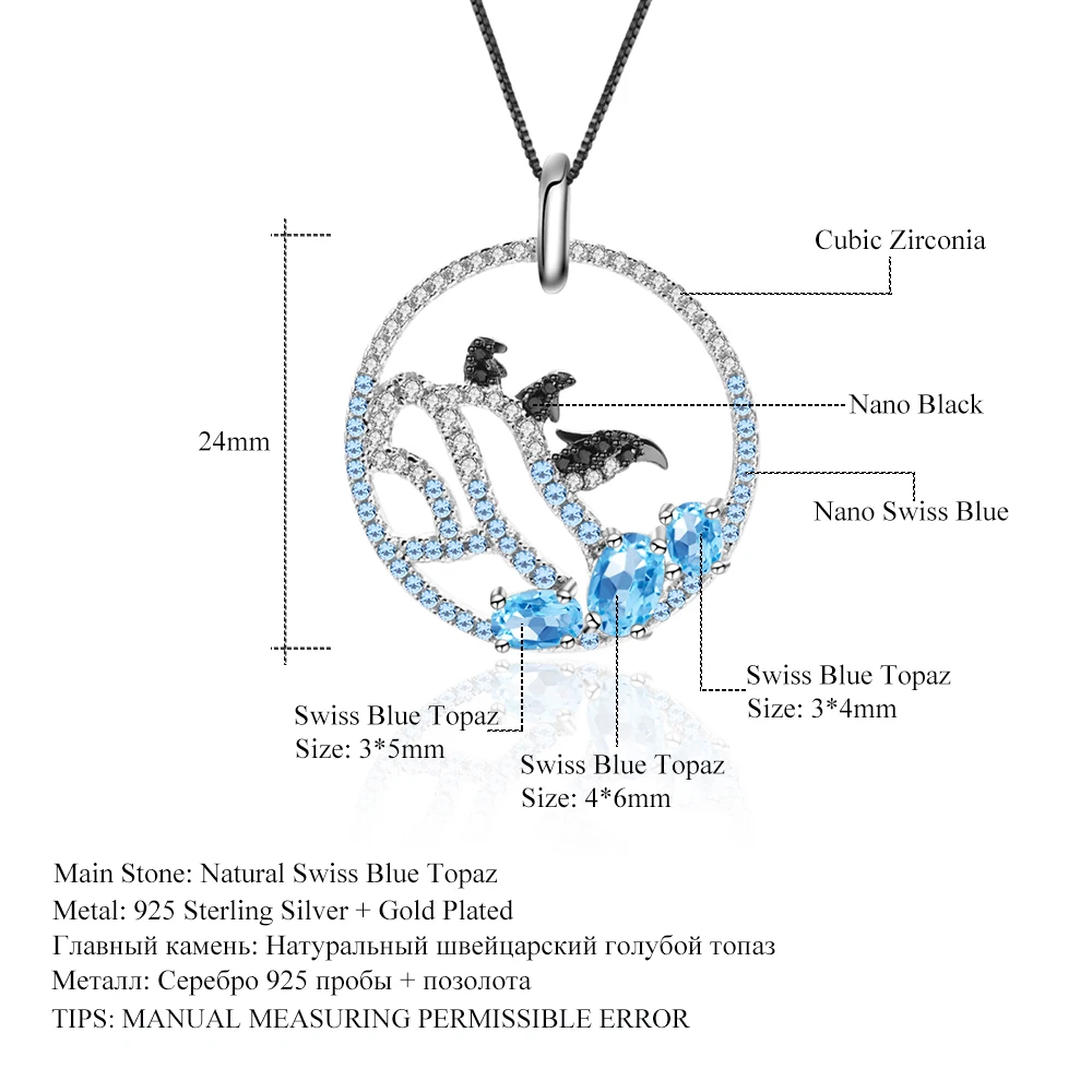 

GEM'S BALLET Natural Blue Topaz 925 sterling Silver Cute Glacier Penguin Pendant Handcrafted Necklace For Women Fine Jewelry