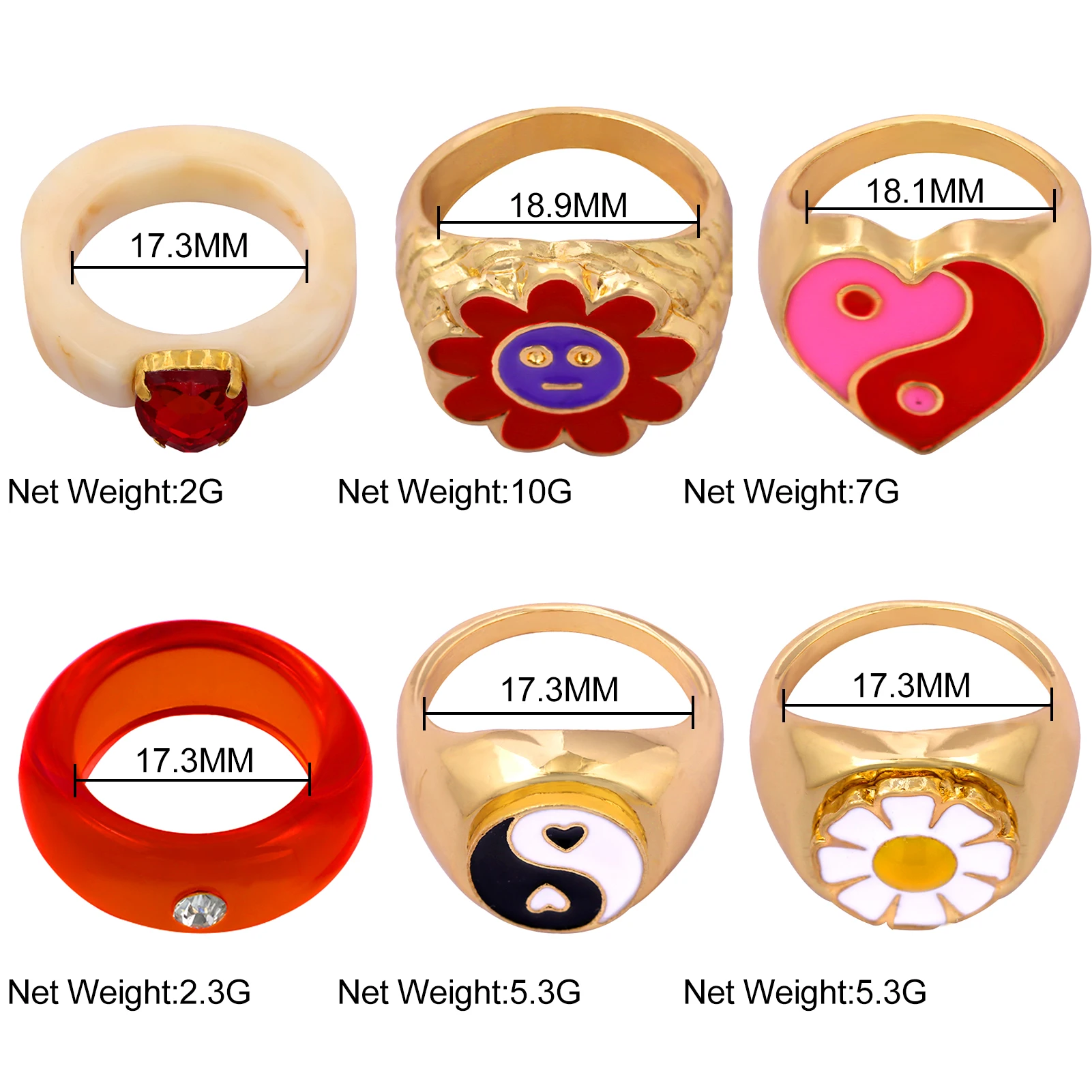 

JUST FEEL Fashion New Red Enamel Love Flower Smiley Chunky Golden Rings for Women Geometric Statement Metal Ring Jewelry Gifts