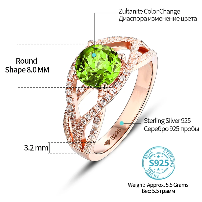 

Zultanite Султанит Color Change Silver Rings Rose Gold Plated 2.3 Carats Created Diaspore Exquisite Anniversary WeddingGift Ring