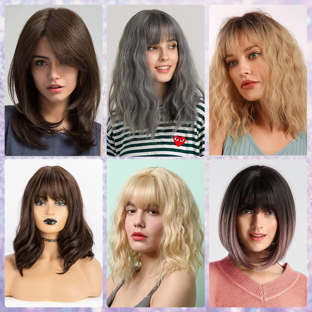 JONRENAU Curly Bob Wig Middle Long Natural Wave Hair Synthetic Wigs with Bangs for Women Pink Wig Cosplay High Temperature Fiber