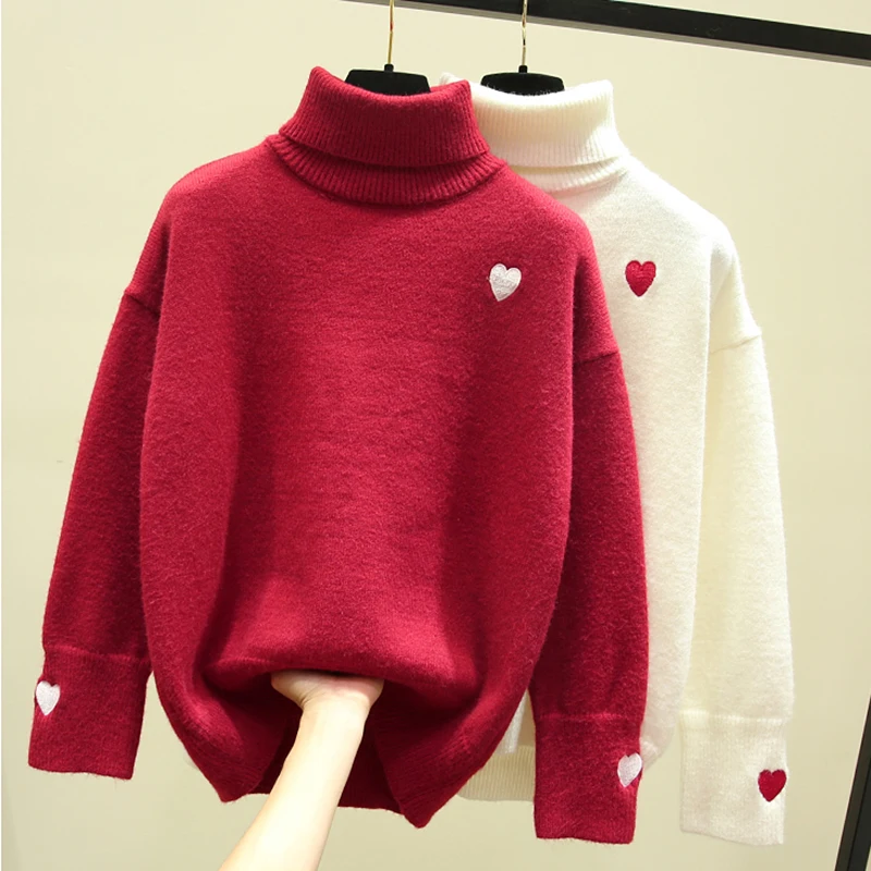

Autumn Winter Kawaii Sweater Women Turtleneck Long Sleeve embroidery Pullover Sweaters Korean knitted sweater pull femme