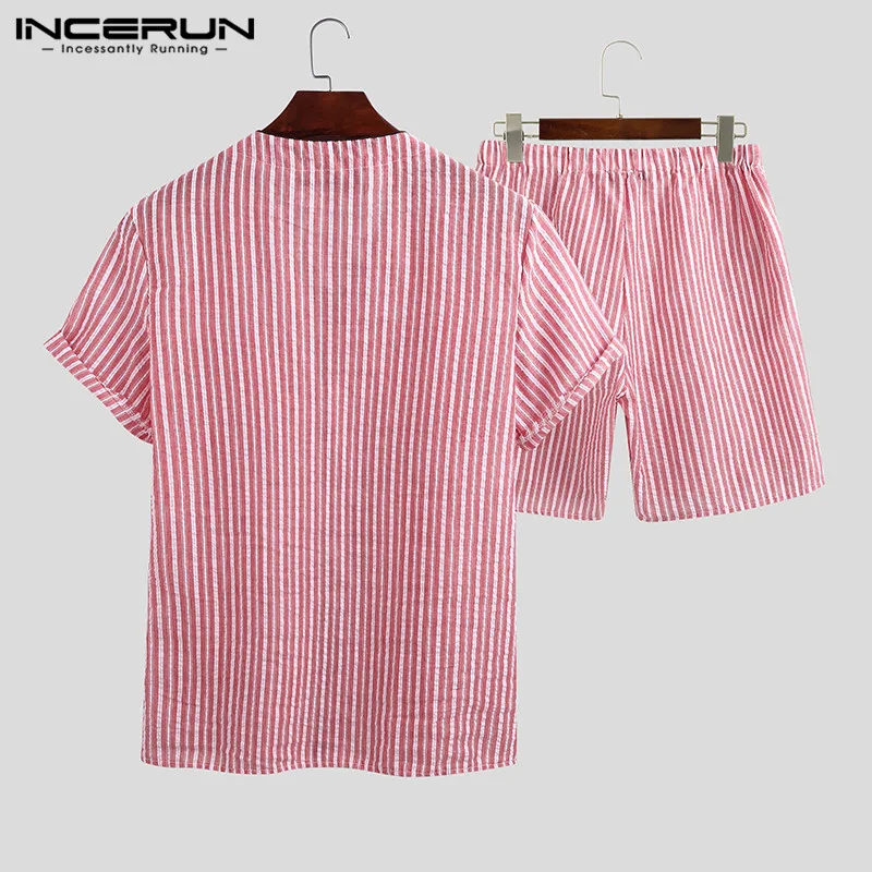 

INCERUN Fashion Striped Men Pajamas Sets Cotton Short Sleeve V Neck Button 2021 Homewear Shorts Summer Cozy Men Nightwear Sets