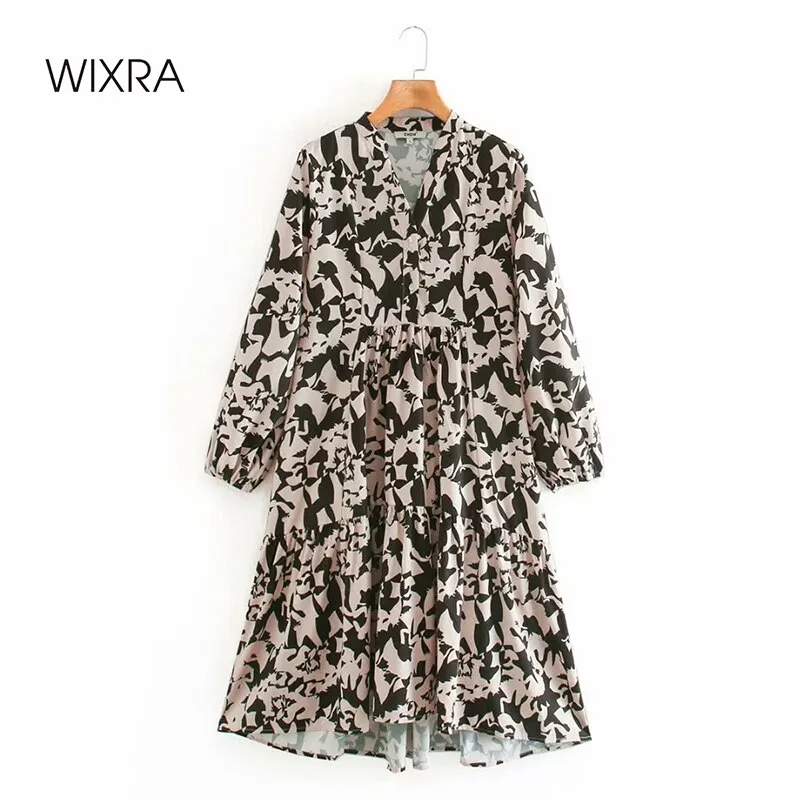 

Wixra Print Dresses Womens V Neck Empire Full Sleeve Mid Calf Long Clothing 2021 Spring Summer
