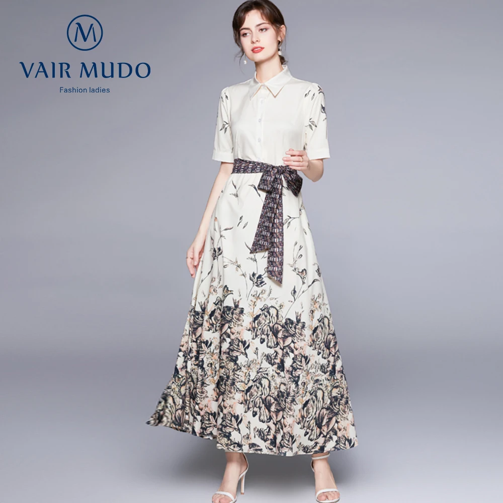 

2021 New Style Lapel Tie Waist Slimming Women Dress Positioning Printing Long Skirt Loose Fashion Skirt Handmade Female Y-75