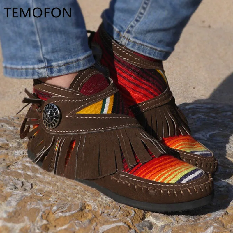 Женские замшевые ботильоны TEMOFON коричневые черные Винтажные ботинки на плоской