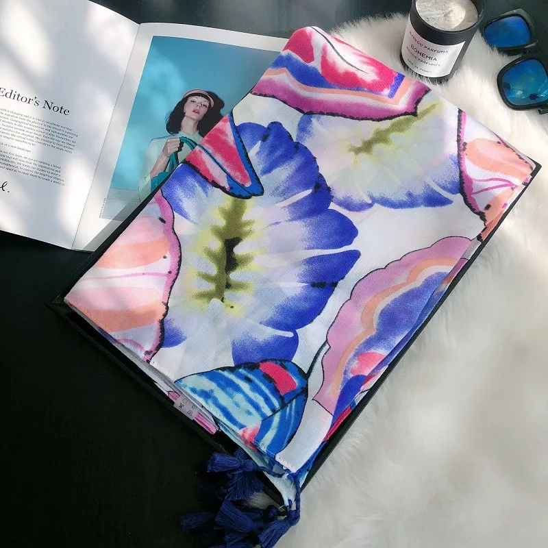 

Роскошный модный осенний шарф из вискозы в Испании, пляжный хиджаб с цветочной кисточкой Омбре, шали и палантины, женский шарф, мусульмански...