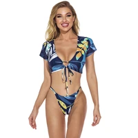 2021 new sexy womens bikini lace up short sleeve split swimsuit printed swimsuit bikini 2021 swimsuit swimming suit
