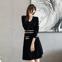 knitted black elegant women dress sweater high waist pleated buttons pockets office ladies a line female dress clothes vestidos