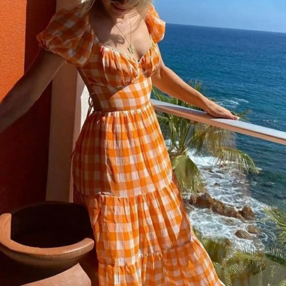 

LongAutumn Long Plaid Puff Sleeve Long Dress Mid-calf Backless Tie Up Casual Dress for Vacation Party Robe