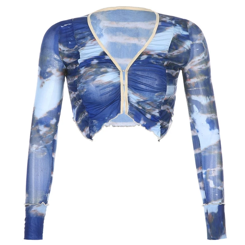 

Women Long Sleeve Sexy V-Neck Crop Top Gradient Tie-Dye Ruched Slim Mesh T-Shirt Hook Buckle Ruffles Hem Vintage Cardigan