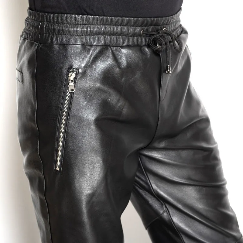Высококачественные мужские длинные брюки из натуральной кожи модные штаны с