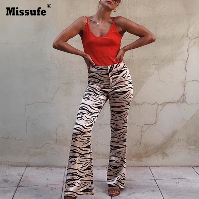 Missufe женские брюки эластичные с высокой талией принтом тигра клеш сексуальные