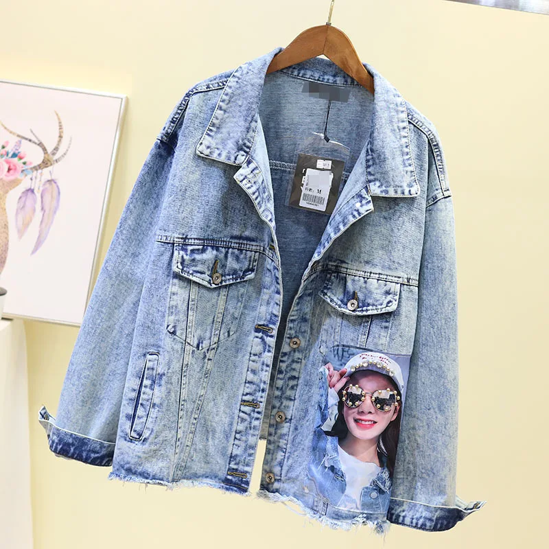 

Spring New 2020 Autumn Women Jeans Jacket Casual Nail bead Sticking cloth Loose Coats Jackets Vintage Denim Jacket s