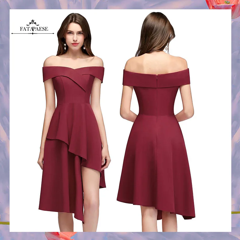 

FATAPAESE Reflective Dress Asymmetrical V Neck Off Shoulder Cocktail Dresses Tiered Satin Party Dresses Women Burgundy Gown robe