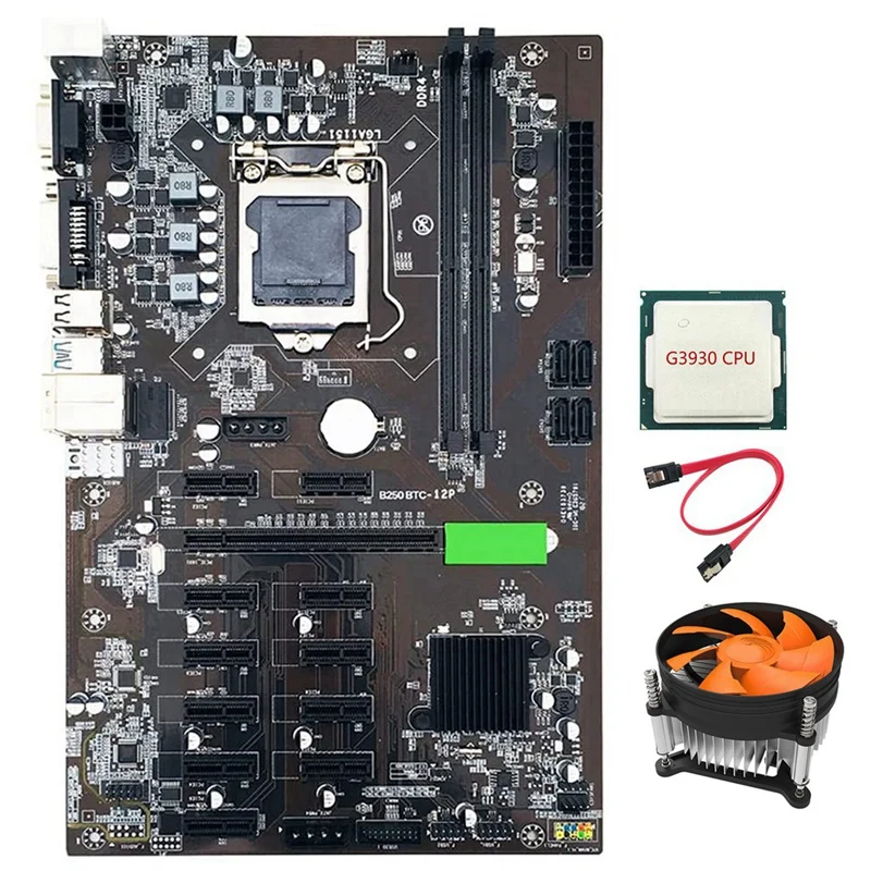 

B250 BTC Mining Motherboard LGA 1151 with G3930 CPU+Cooling Fan +SATA Cable Supports DDR4 DIMM RAM for Mining Miner