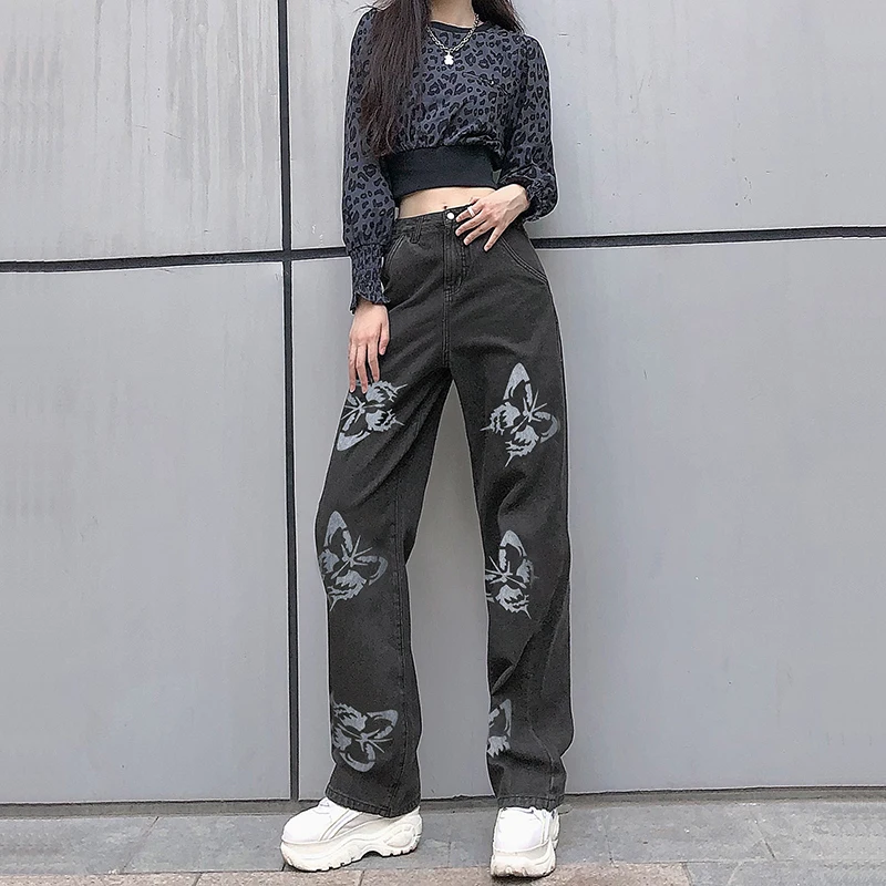 

Women's High Waisted Jeans Butterfly Print Straight Wide Leg Denim Pants Baggy Loose Casual Trousers Streetwear