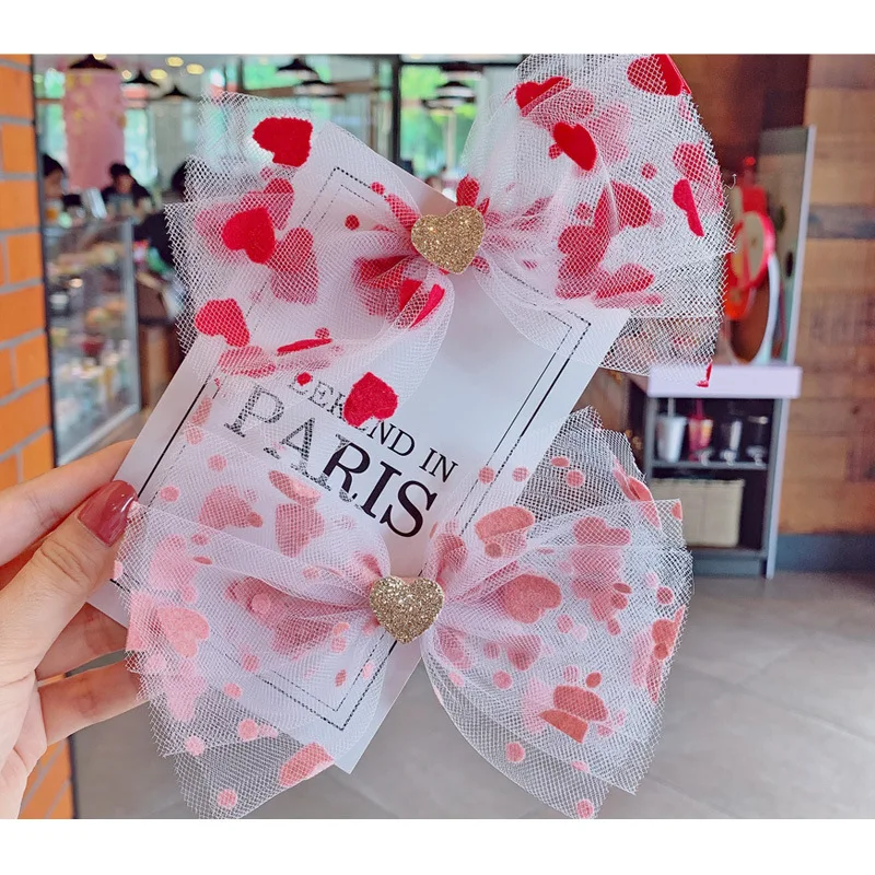 9 шт./компл. милые розовые сердца для девочек сетчатые банты волос Цветочные