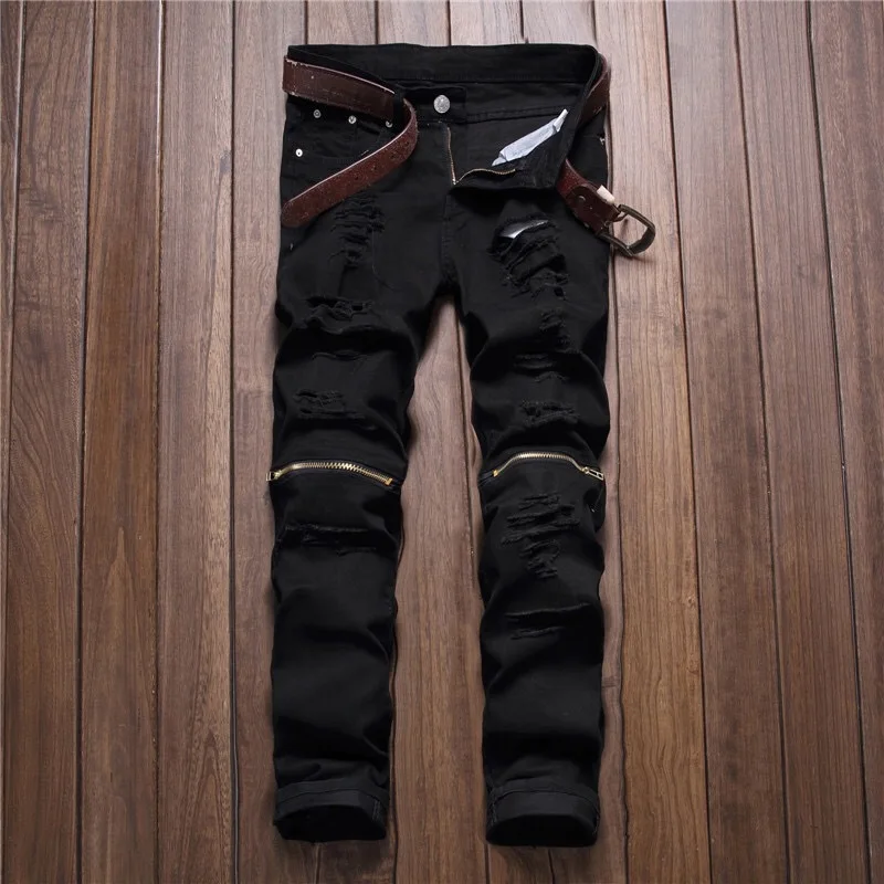 New Fashion Mens Ripped Biker Jeans 100% Cotton Red Black White Slim Fit Motorcycle Jeans Men's Skinny Hole Denim Joggers Pants